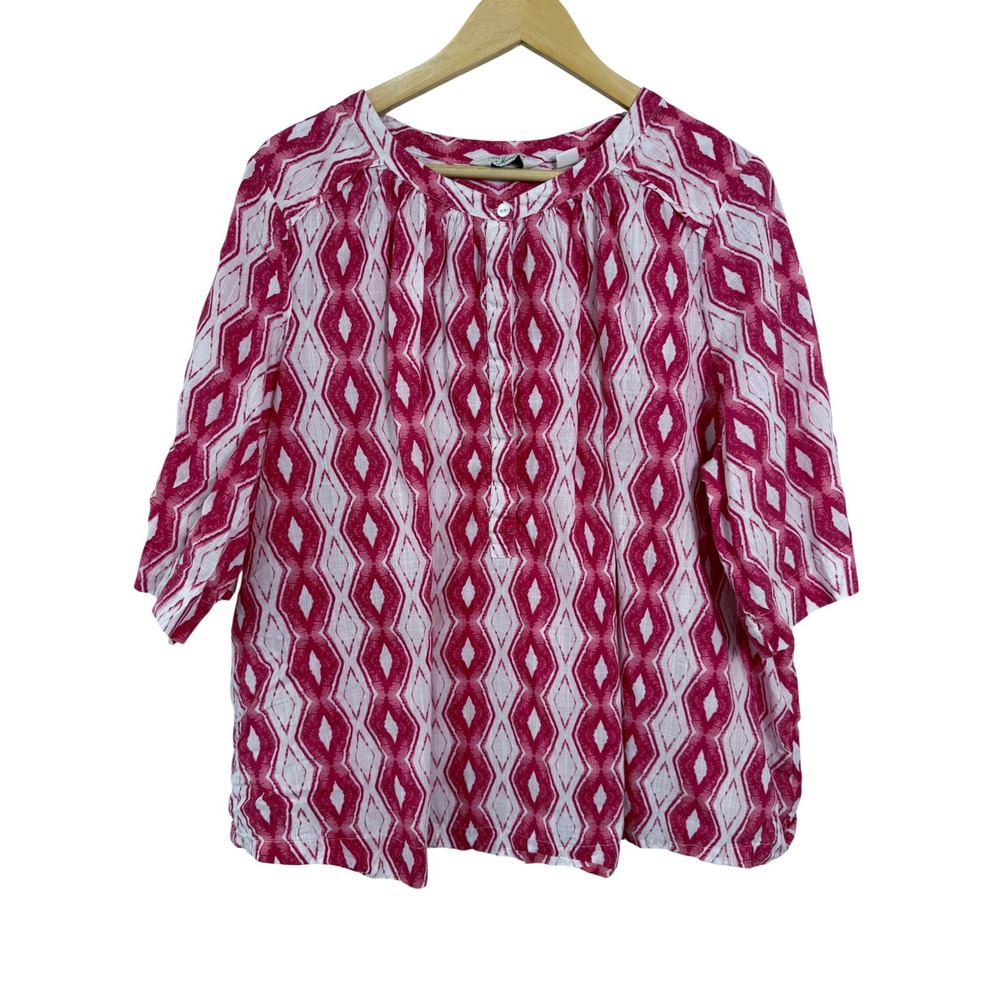 Caffe Marrakesh Popover Top Womens 2X Red White Geometric‎ Gauzy Lightweight
